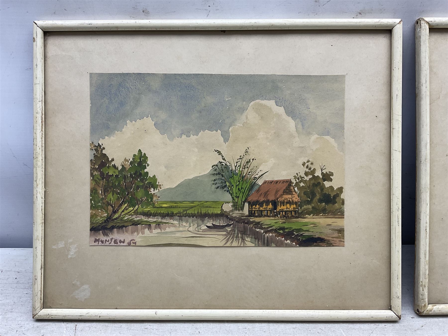 Yong Mun Sen (Malaysian 1896-1962): Coastal and Landscape Scenes with Houses, pair watercolours signed and indistinctly dated, 18.5cm x 27cm (2)