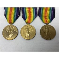 Five WW1 Lincolnshire Regiment Victory Medals awarded to 42327 Pte. T Davison; 29878 Pte. J.W. Simpson; 21702 Pte. H. Archer; 41348 Pte. J.A. Hart; and 9874 Pte. N. Ellis; some biographical information; all with ribbons (5)