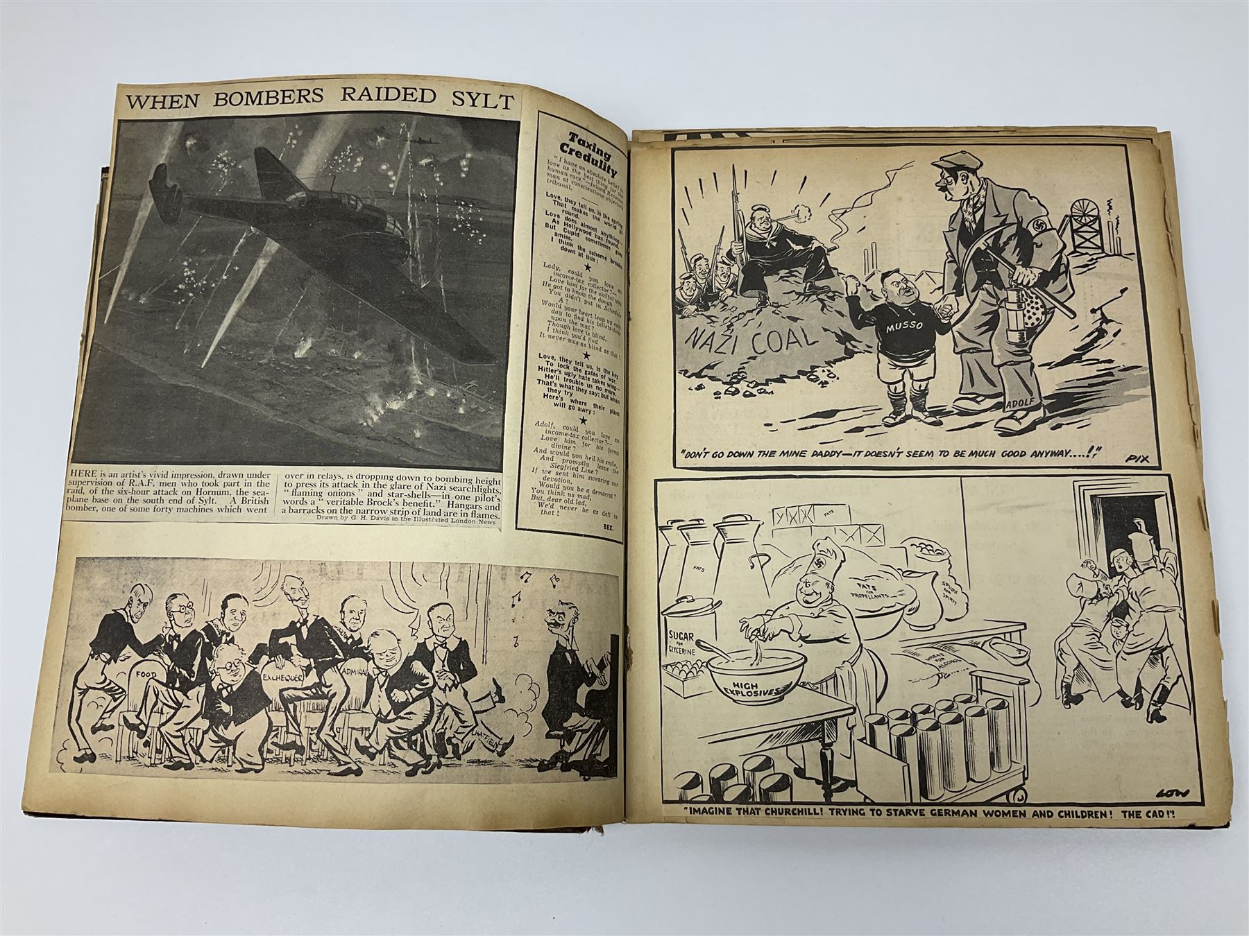 Album of WWII era paper ephemera, to include cartoon illustrations by George Goodwin Butterworth and Clive Uptton, articles and photographs