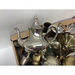 Set of six cut glass champagne coupes, each upon metal stems, together with four similar champagne flutes and three wine glasses and a quantity of silver plate and other metal ware, including trench art vase, candlesticks, sauce boats, trays, teapots, etc, in two boxes