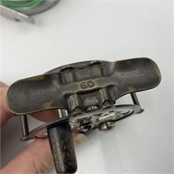 TO RTV Three fishing reels, including American Pflueger progress bulldog size 60 brass and chrome skeleton fly reel, with wooden handle; Maginot 106 fly reel and an alloy reel (3)