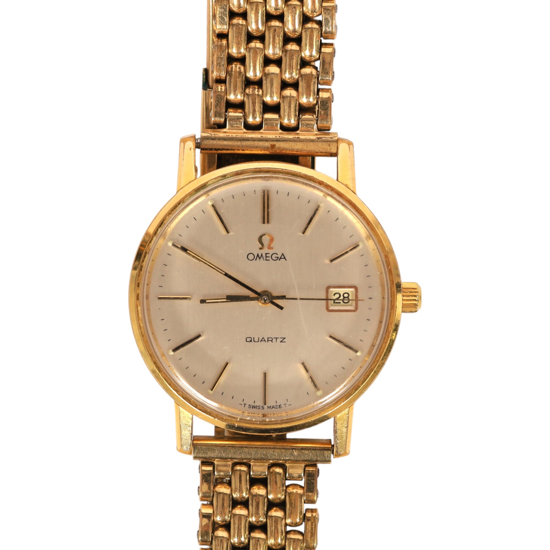 Omega quartz gold plated wristwatch, with presentation engraving to stainless steel back, on a rolled gold Monvil strap