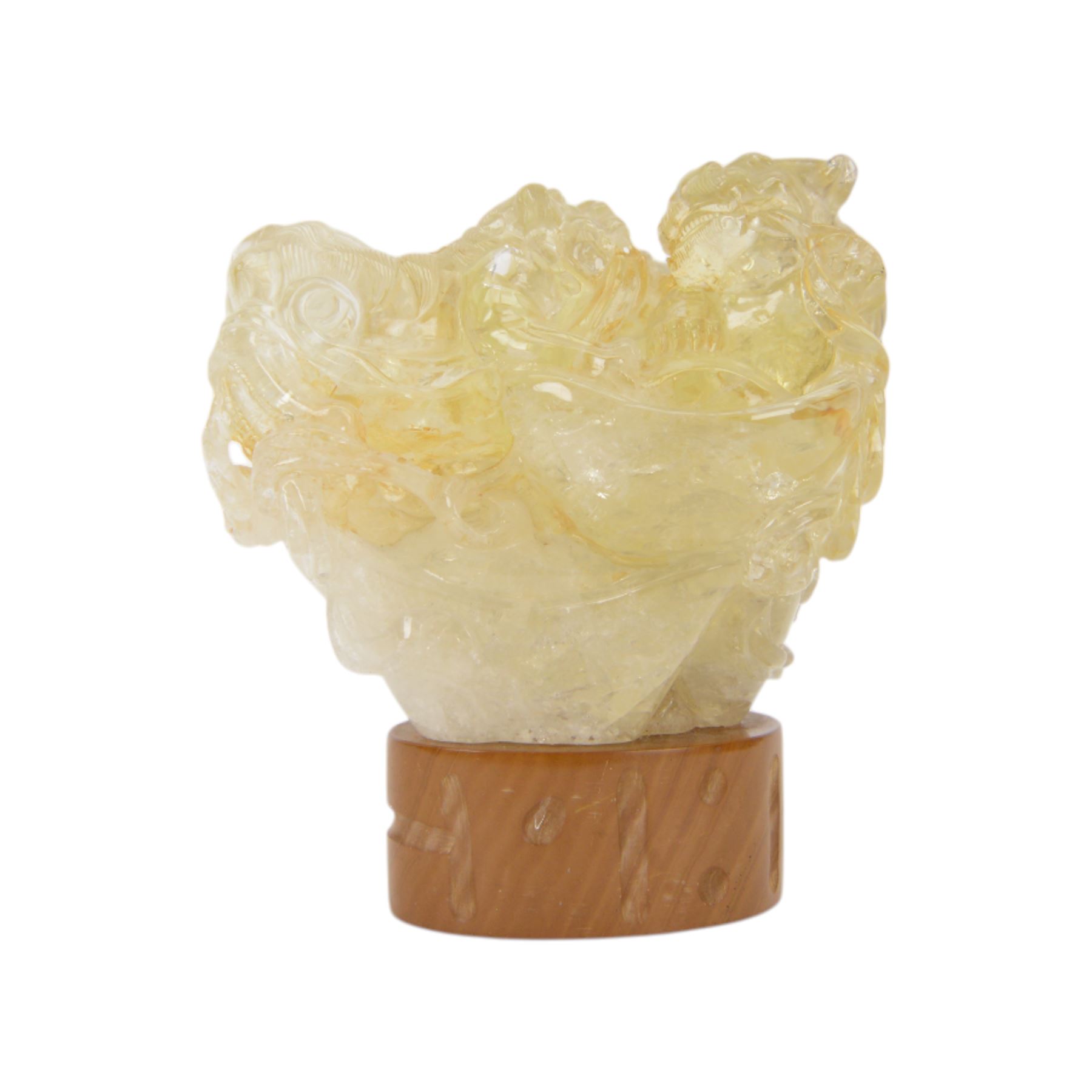 Chinses quartz carved figure group, modelled as two temple lions, upon an oval base, H17cm