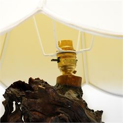  Mid-20th century burl root wood table lamp and shade overall H85cm