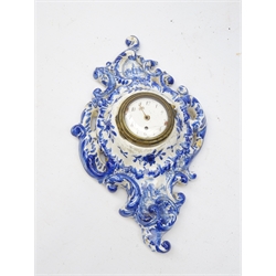  Delft pierced and scrolled cartel clock enclosing an 18th century movement, white enamel Arabic dial, H22cm and Delft pedestal jug (2)  