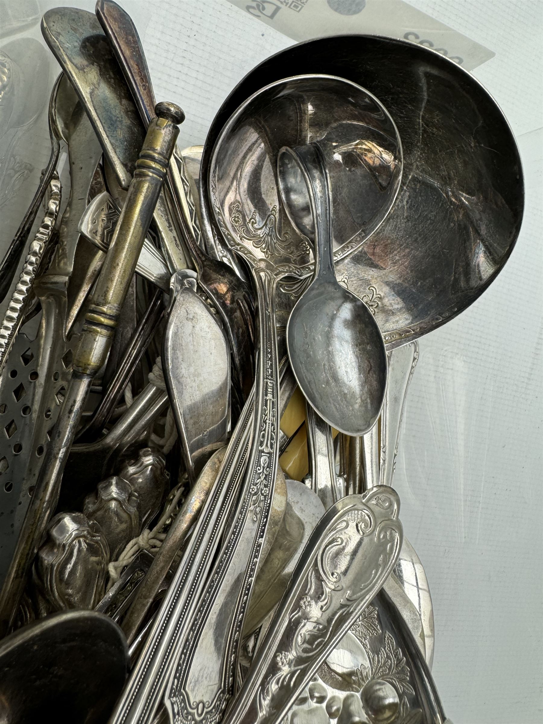 Part service of silver-plated kings pattern cutlery, together with a quantity of 19th century and later silver-plated cutlery in one box