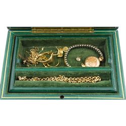 Accurist 9ct gold ladies manual wind wristwatch, on gilt strap, gold and stone set gold necklace and earrings, all 9ct, 18ct gold band parts, all hallmarked or tested and a gilt necklace, in tooled leather box
