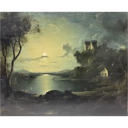 Circle of Abraham Pether (1756-1812): Castle and Lake by Moonlight, oil on canvas unsigned 49cm x 60cm (unframed)