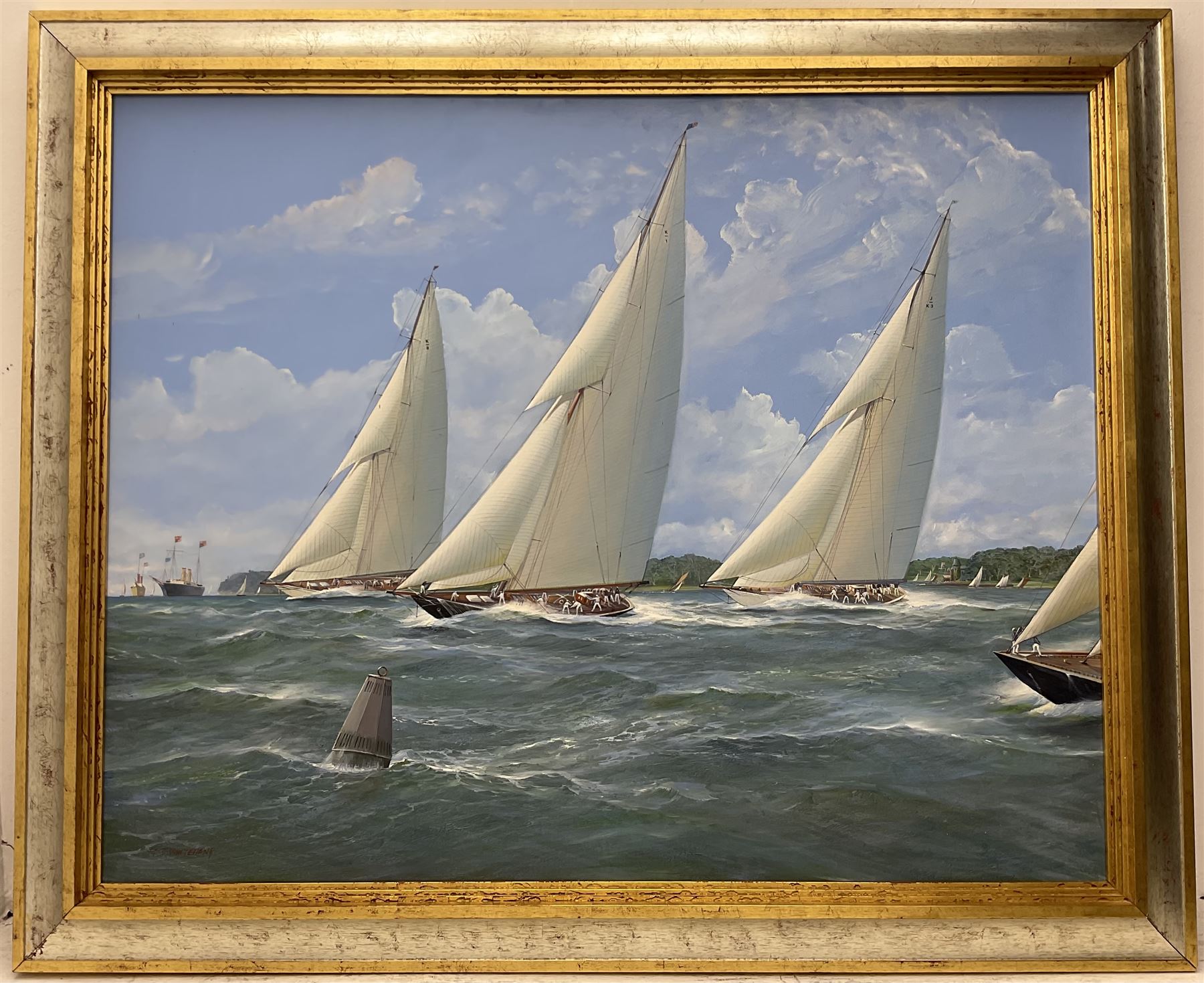 Michael J Whitehand (British 1941-): Yachts Passing the Buoy, oil on canvas signed 100cm x 125cm 
Provenance: private collection, purchased David Duggleby Ltd 16th March 2009 Lot 123