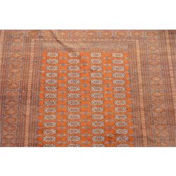 Bokhara hand-knotted carpet, terracotta ground with repeating rows of Tekke guls and geometric motifs, enclosed by multiple geometric borders, with silk highlights, fringed ends
