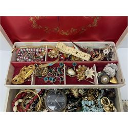 Norweigian silver enamel leaf brooch by David Andersen, together with a military issue pocket watch and a collection of costume jewellery including pair of clip on earrings by Butler & Wilson, beaded jewellery, brooches, etc