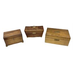 Georgian mahogany tea caddy of sarcophagus form, two division lidded interior with a later glass mixing bowl, upon four brass bun feet, together with a Georgian walnut rectangular tea caddy with two lidded divisions and a walnut writing slope with a fitted interior  