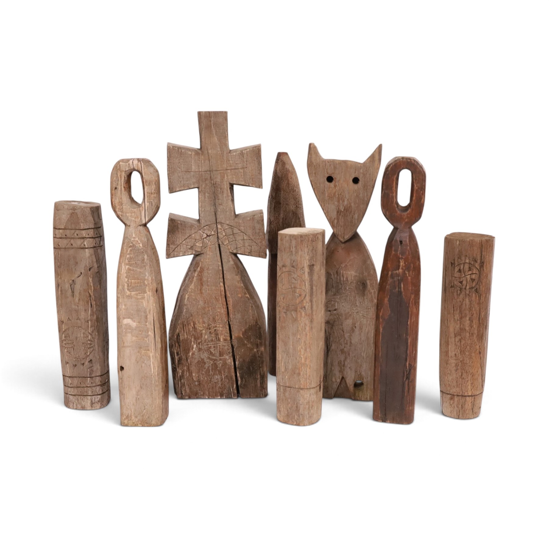 Hand carved folk art figures, including totems, mushroom and cat, largest H34cm