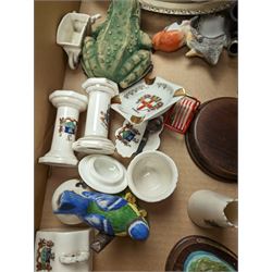 Collection of crested ware, pipes and pipe rack, three glass lampshades and other collectables