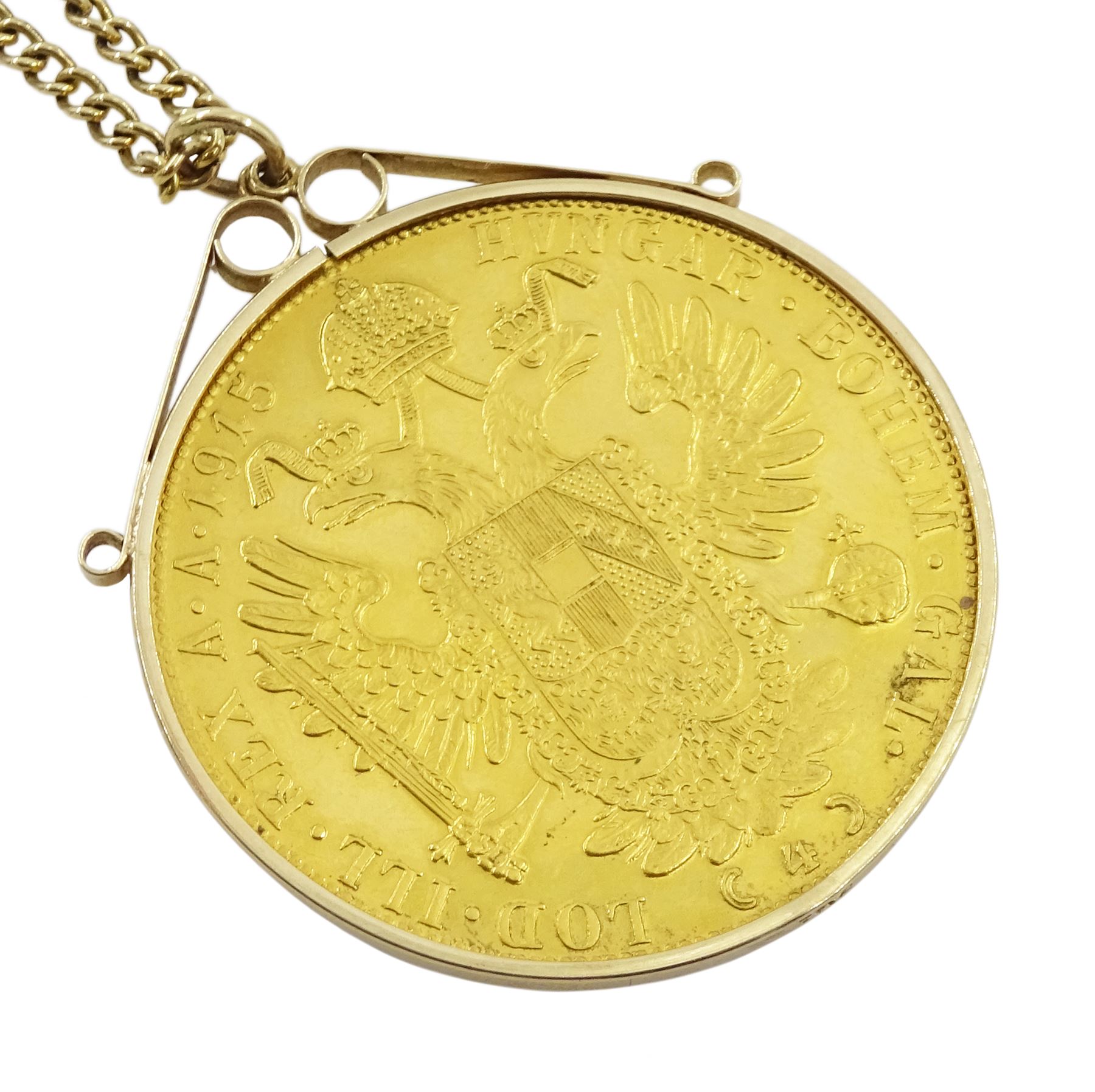 Austrian 1915 restrike four ducat gold coin, in 9ct gold loose mount, on 9ct gold chain, gross weight approximately 25.3 grams