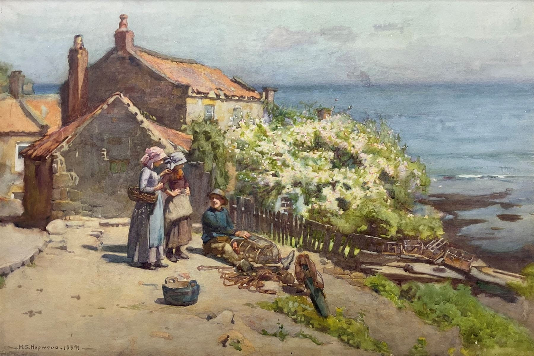 Henry Silkstone Hopwood (Staithes Group 1860-1914): Fisherman and Girls at Runswick Bay, watercolour signed and dated 1894, 40cm x 60cm
