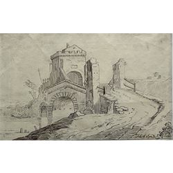 Continental School (Early 18th century): Study of a Toll Bridge, pen and ink dated 1723, 11cm x 17cm