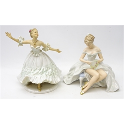  Two German Wallendorf figurines, woman seated with fan & a dancing woman, H29cm   