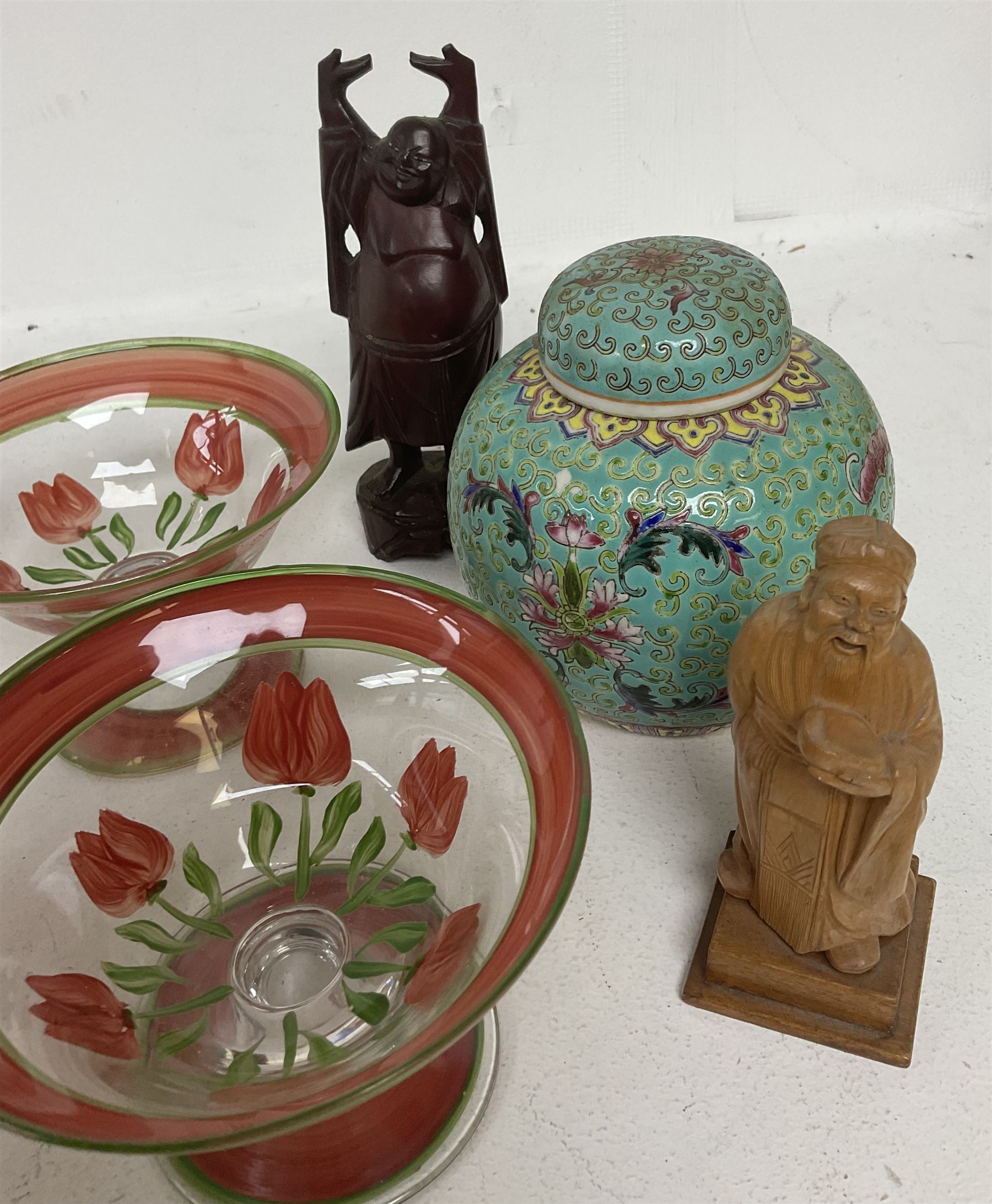 House of Faberge 'A King is Born' collector egg, Franklin Mint, together with with two tea jars, a ginger jar and four hand painted glasses etc 