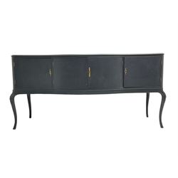 French design grey painted teak serpentine sideboard, the shaped front fitted with central double cupboard flanked by two single cupboards, each concealing drawer, on cabriole supports
