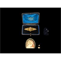 Collection of 9ct gold jewellery, including cameo brooches and ring and silver blue john brooch, silver necklace, etc