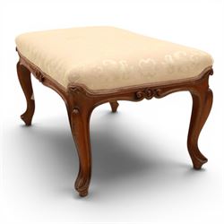 French walnut dressing stool, upholstered in pink damask fabric, raised on cabriole legs 