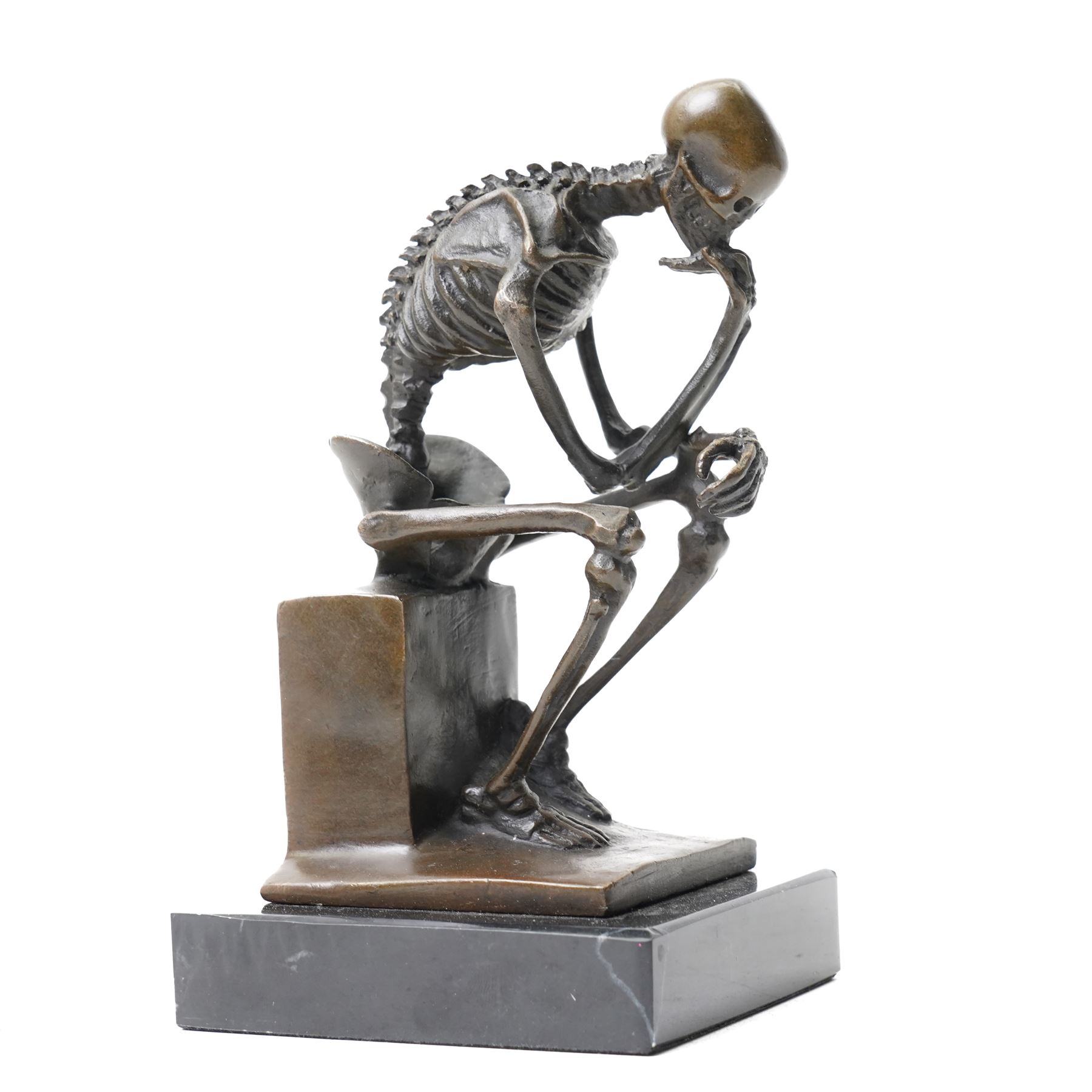 Bronze skeleton modelled as 'The Thinker', on black marble base, signed 'Milo' to plinth, H14cm