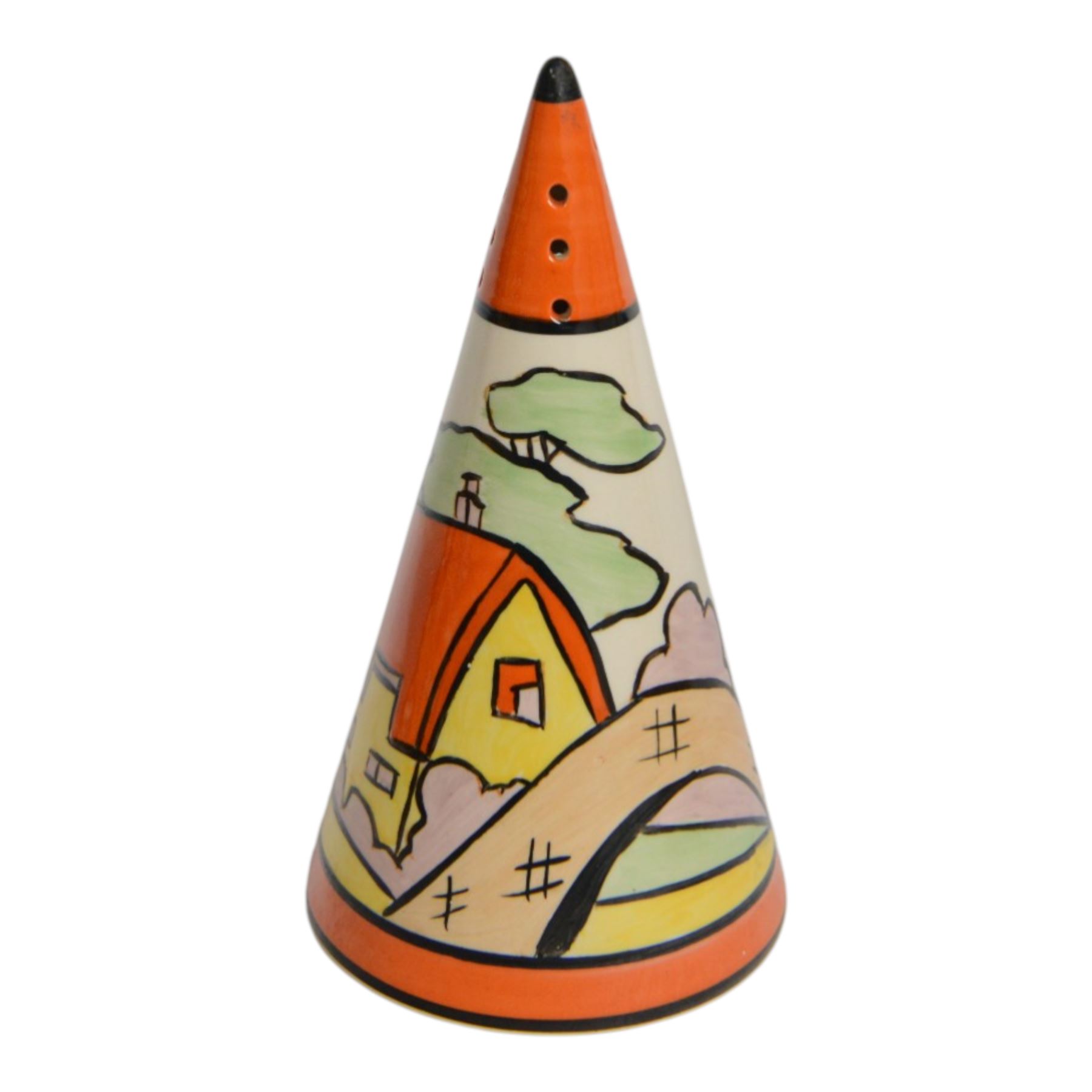 Wedgwood Bizarre by Clarice Cliff, four Conical Sugar shakers, comprising May Avenue, Trees and House, Sliced Circle and Orange Roof Cottage, all with certificates and boxes 