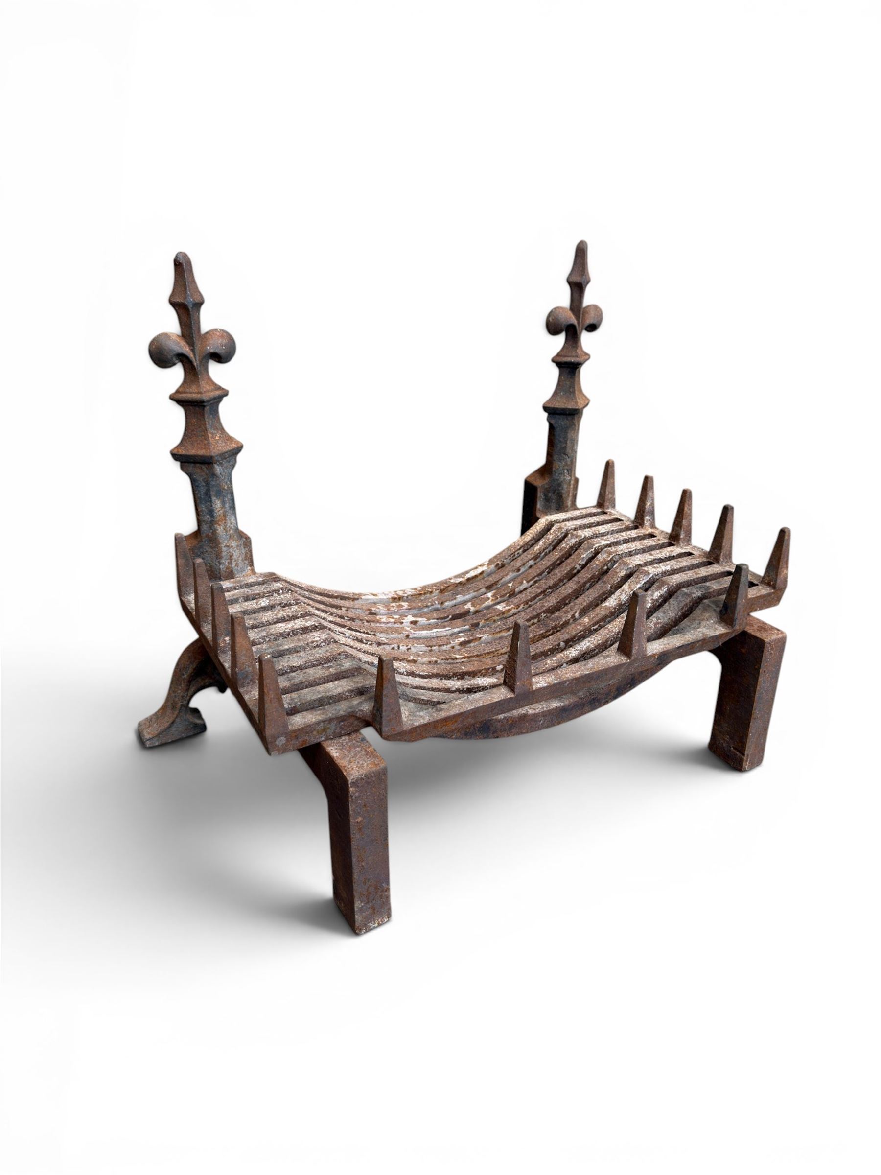 Victorian design cast iron fire grate with fire dogs, final over floral moulding and trefoil base