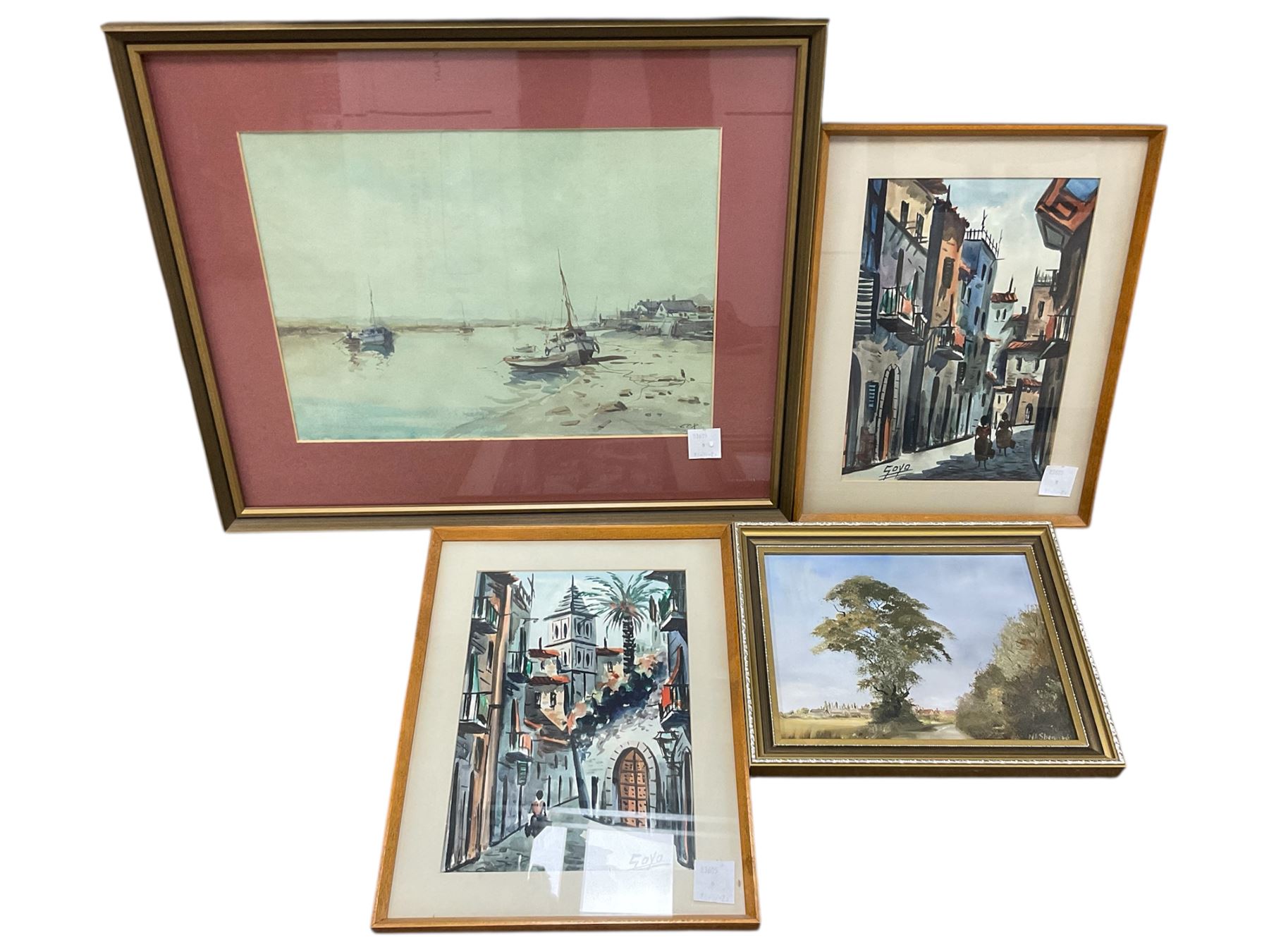 Jack Cox (Norfolk 1914-2007): Estuary, watercolour signed, together with two continental watercolours and a NA Sherwood landscape oil, max 28cm x 38cm