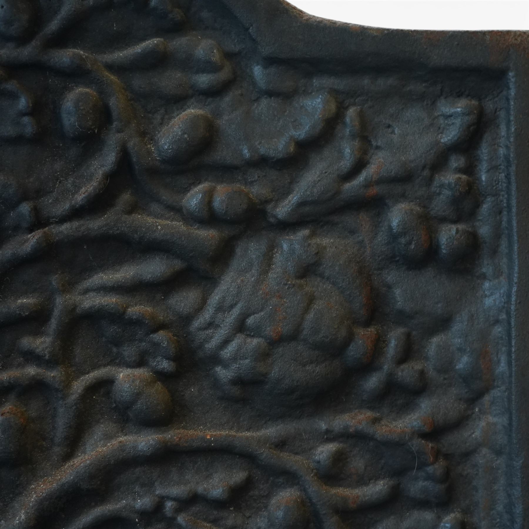 Early 20th century cast iron fireback, arched rectangular form cast in relief with a fruiting oak tree issuing acorns and leaves, surmounted by a crown, the trunk encircled by a ribbon tied cartouche with trailing scrollwork and foliate decoration, within a plain raised border