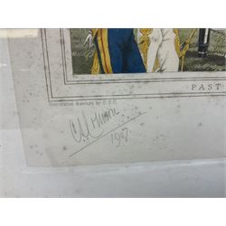 Early 20th century humorous military colour print entitled 'Reconnoitring' depicting three titled images 'Past', 'Presently' and 'Present'; published 1907 and signed on the mount by the artist C.S. Collison 38 x 73cm; Hogarth style frame