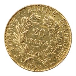 France 1850 gold twenty franc coin