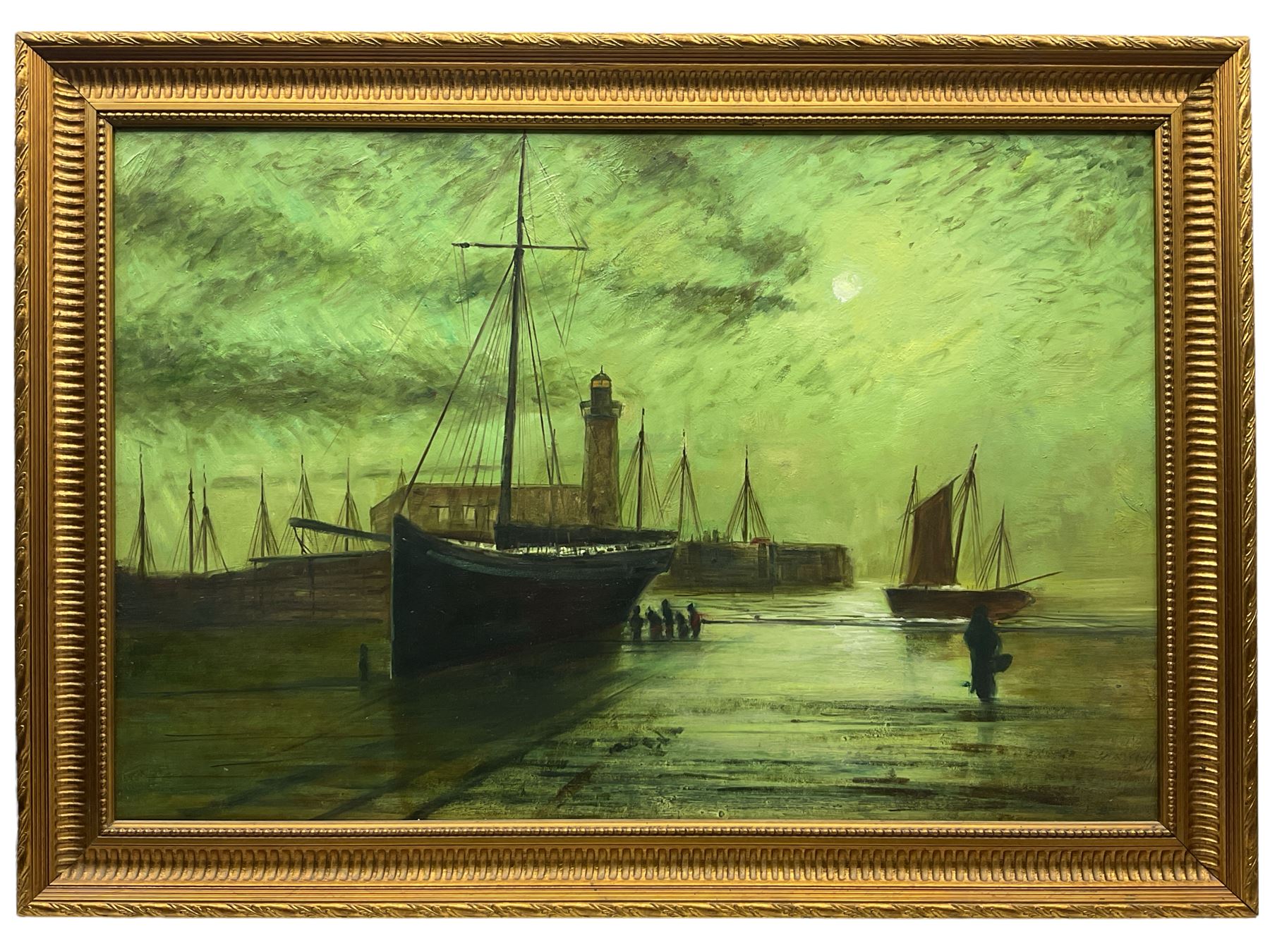 After John Atkinson Grimshaw (British 1836-1893): 'The Lighthouse at Scarborough 1877', 20th century oil on canvas unsigned 60cm x 90cm