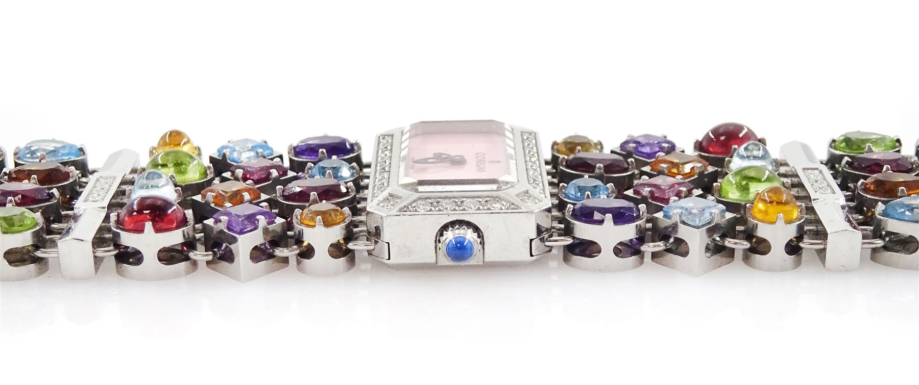 Corum Potpourri ladies stainless steel multi gemstone set quartz wristwatch, Ref. 137.520.47, serial No. 1710972, pink mother of pearl dial, diamond set bezel, on a multi gemstone set bracelet