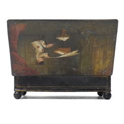 19th century toleware stationary or wafer box, possibly German, with painted cover depicting a child holding oversized quill, seated at a davenport, W20.5cm D13.5cm
