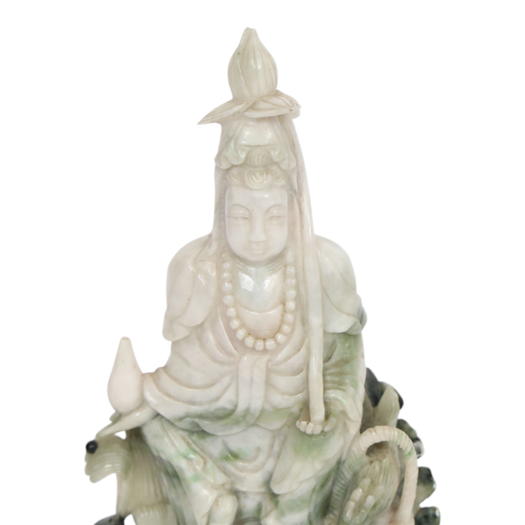 Chinese carved hardstone figure of Guanyin on wooden base, H31cm