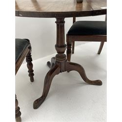 19th century mahogany pedestal table, turned column on three shaped supports (D87cm, H70cm) and four chairs (5)