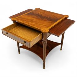 Maitland Smith - Pair of mahogany side tables, the rectangular top with rounded corners, the top edge inlaid with movingui wood, above two under-tier shelves, and frieze drawer, supported on stop-reed and acanthus foliate carved legs united by platform stretcher, raised on brass sabot foot caps