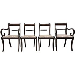 Regency design mahogany extending dining table, rectangular top with extending canted corners, pull-out action with additional leaf (84cm x 136cm - 182cm, H76cm); set of eight Regency design mahogany dining chairs with rope twist rails