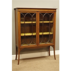  Edwardian mahogany display cabinet, moulded rectangular top above two astragal glazed doors, boxwood stringing and husk inlays, interior lined with velvet, out splayed supports, W100cm, H130cm, D35cm  