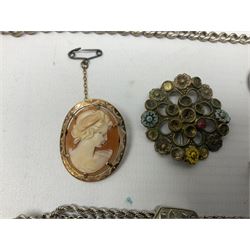 9ct gold cameo brooch, silver Albertina chain, pinch back cameo brooch and a ladies Indersoli watch 