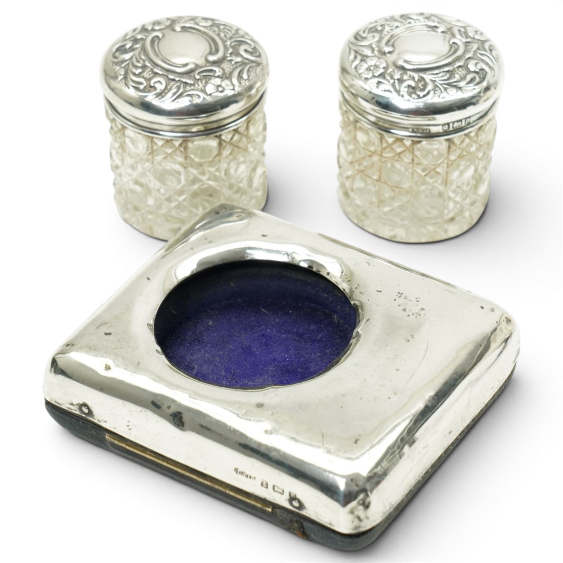 Silver bowl on short pedestal foot D11.5cm, small silver bedside clock case and two glass toilet jars with silver lids