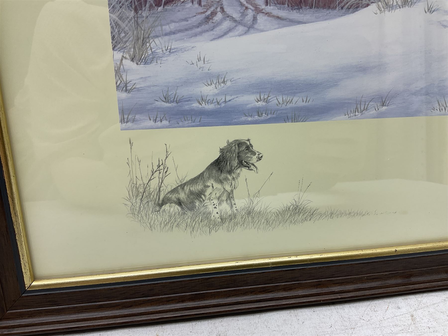 After Alan Ellison, limited edition colour print 'Working Springers' no.178/750 signed on the mount 43 x 59cm; and seven colour prints after Nigel Hemming of game birds and gun dogs; all framed (8)