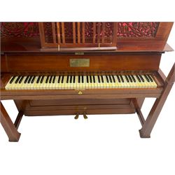 Carl Bechstein - late 19th century German overstrung upright piano, in a model 4 Arts and Crafts case designed by Walter Cave, with a lattice music desk and fretted silk backed front panel, brass hinged case lid and key fall with square tapered candle holders and circular sconces, iron frame, serial number 52187 (1899-1900), with an under damper action, 85 ebony and ivory keys, sustain and una corda pedals, original action, stringing, dampers, and action return straps, registered case number 328639, USA patent 24805.

This item has been registered for sale under Section 10 of the APHA Ivory Act