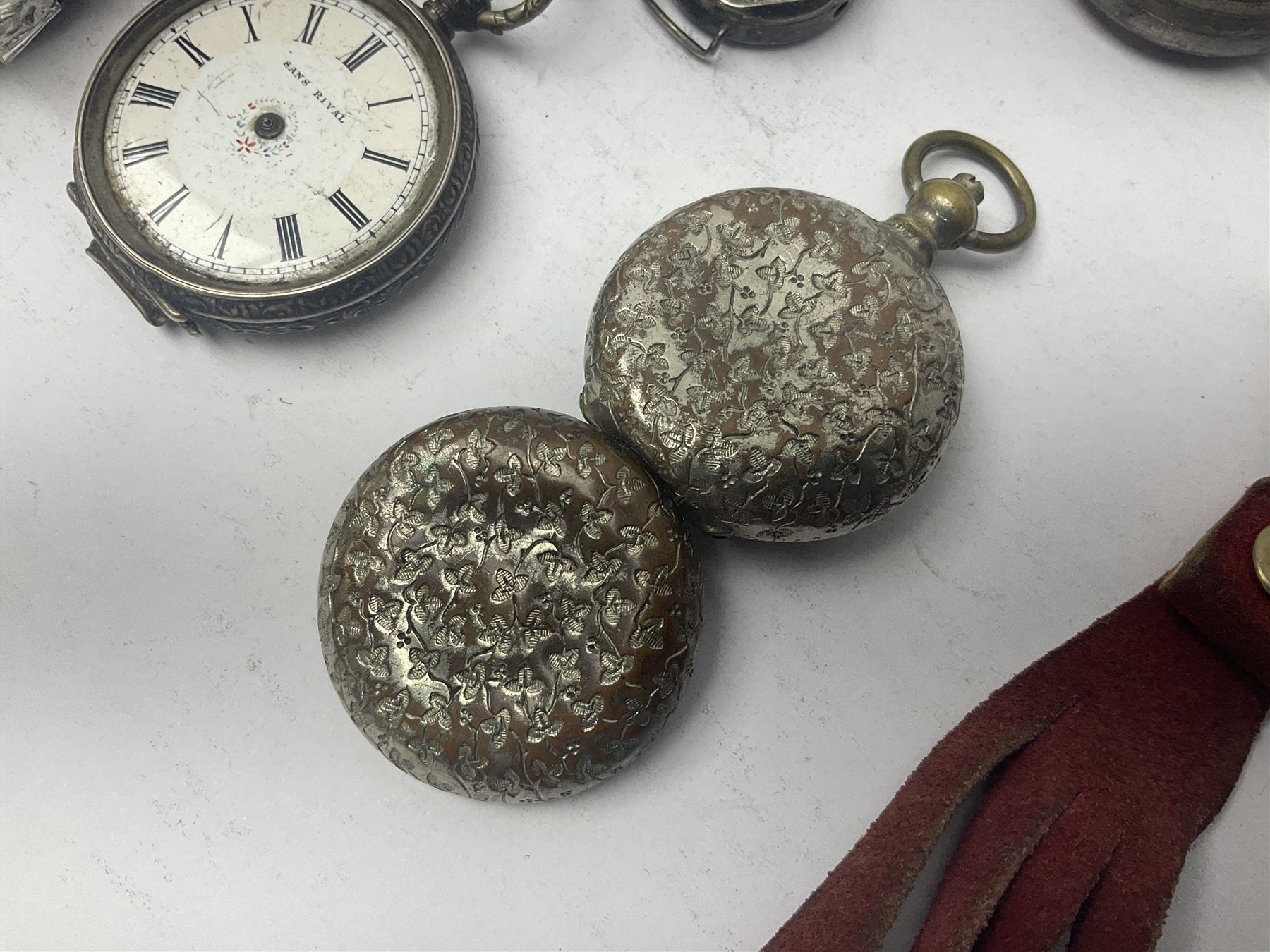 Collection of silver fob watches and wristwatches, some examples with enamel dials, together with silver plated examples 