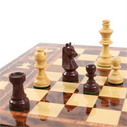 Italian Notturno chess set, the hinged board opening upon compartments with chess pieces, with key, W35cm, L45cm 