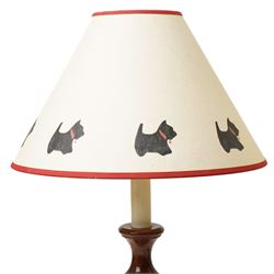 Pair of walnut scumbled pine table lamps, the cream shades with a band of stencilled Scottish Terriers, including shades H58cm (2)