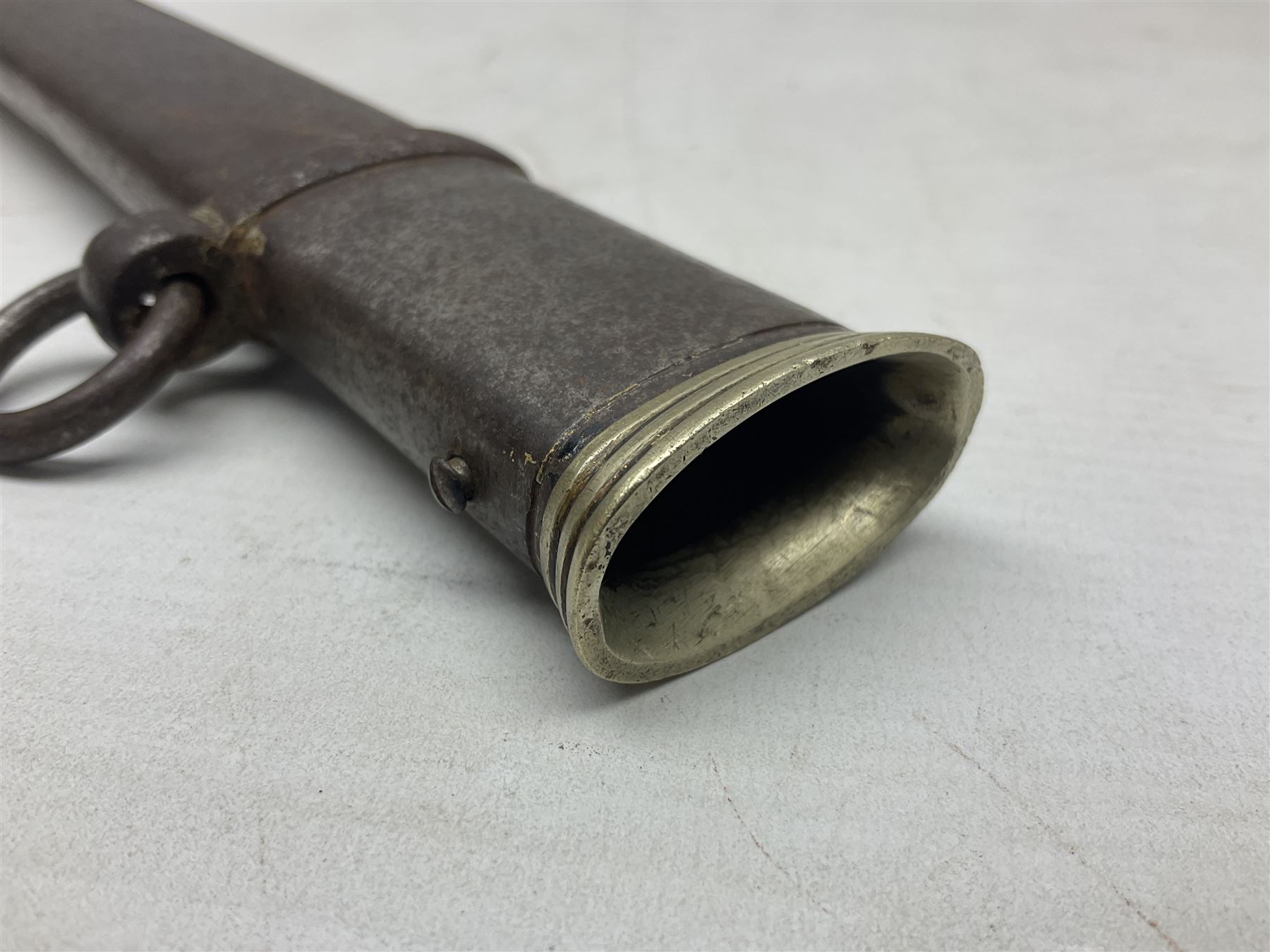 British 1821 Pattern Light Cavalry Officer's sword, with plain 87.5cm slightly curving fullered steel blade and plain steel three-bar hilt with wire-bound fish skin grip and plaited knot on later cord; in steel scabbard with two hanging rings L103cm overall