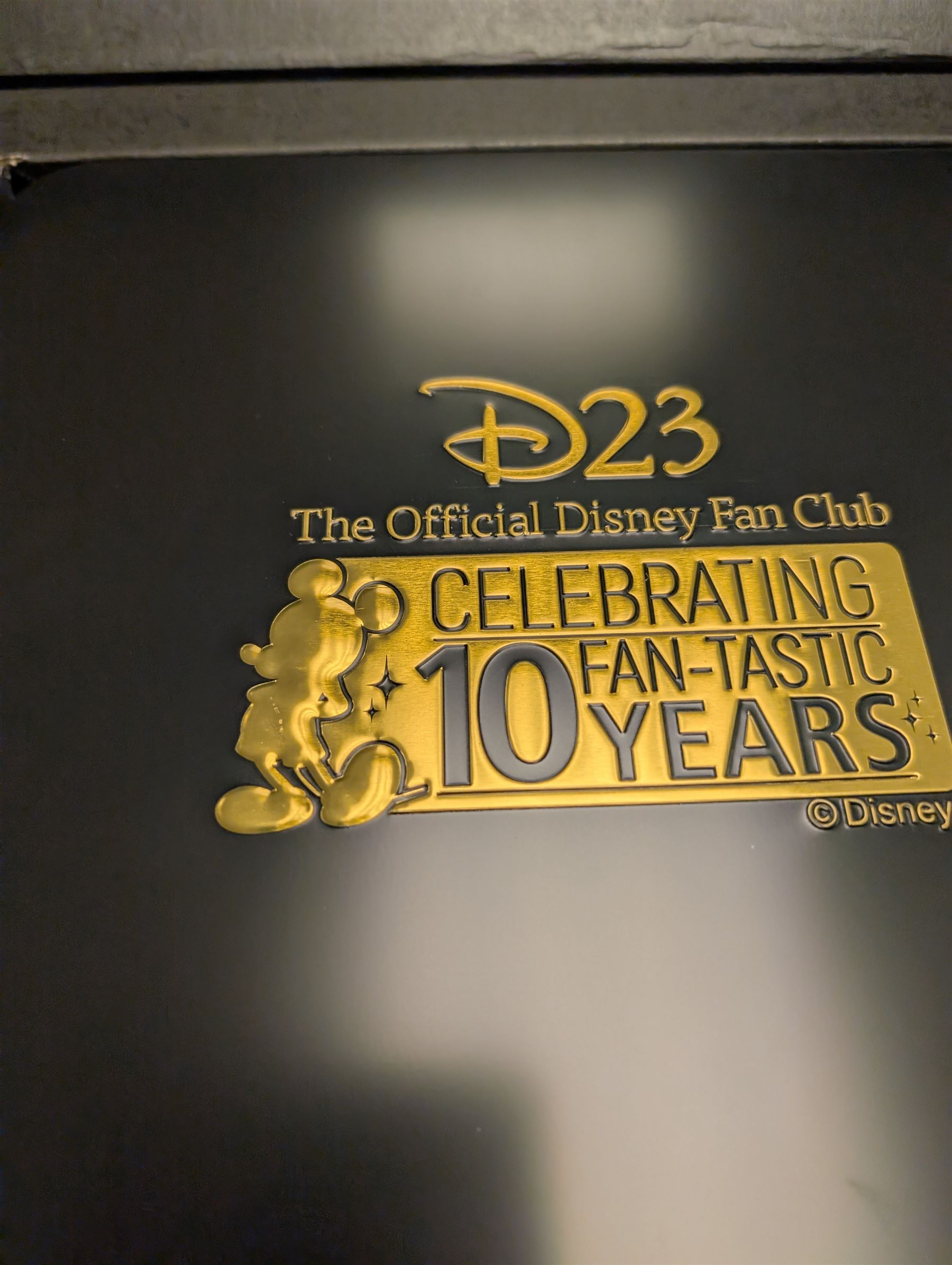 Disney Fan Club D23 Gold Member 10 Year Anniversary enamel pins set, boxed